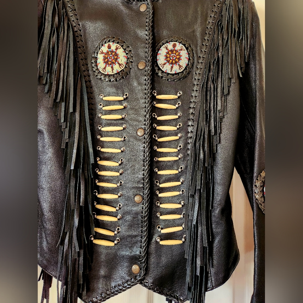 3B WEST Tansmith Black Fringe Multi Beads Leather Western Native Coat Jacket 36 - Picture 4 of 16